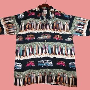 Island Collection Hawaiian Shirt Men's 2XL Woody VW Bus Rayon Black